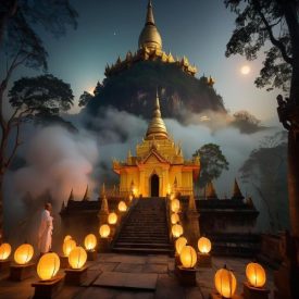 A captivating scene inspired by Burmese Mythology showing an ancient temple at the base of Mount Popa surrounded by mist and glowing spirit orbs.