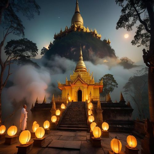 Burmese Mythology A captivating scene inspired by Burmese Mythology showing an ancient temple at the base of Mount Popa surrounded by mist and glowing spirit orbs.