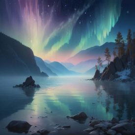 a mystical landscape inspired by Buryat Mythology — depicting the shores of Lake Baikal