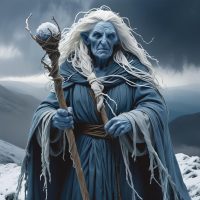 Mythlok - Cailleach Bheur Cailleach Bheur, a towering blue-skinned crone with white tangled hair, wrapped in a frost-covered cloak