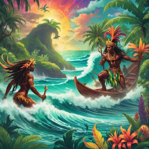 A vibrant digital illustration representing Caribbean mythology surrounded by lush Caribbean flora, ocean waves, and ancestral spirits
