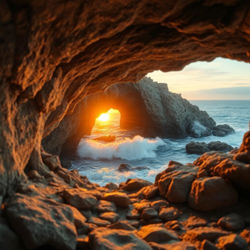 a dramatic coastal cave scene inspired by Greek mythology, featuring a sunset through an Africa-shaped cave opening