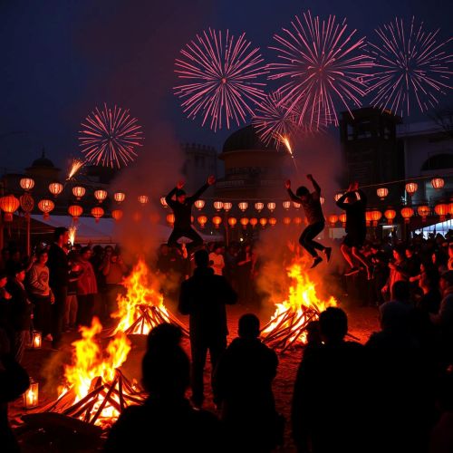A vibrant Chaharshanbe Suri fire festival scene at night in Tehran