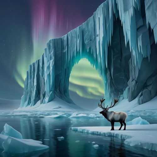 an ethereal Arctic coastal landscape inspired by Chukchi Mythology &mdash; showing icy cliffs, a frozen sea under shimmering northern lights,
