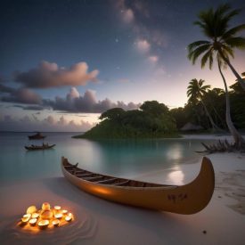 A serene tropical lagoon at dusk representing Chuukese mythology.