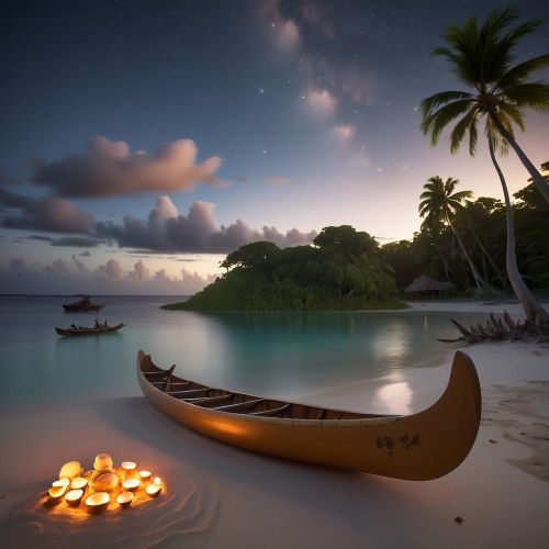 A serene tropical lagoon at dusk representing Chuukese mythology.