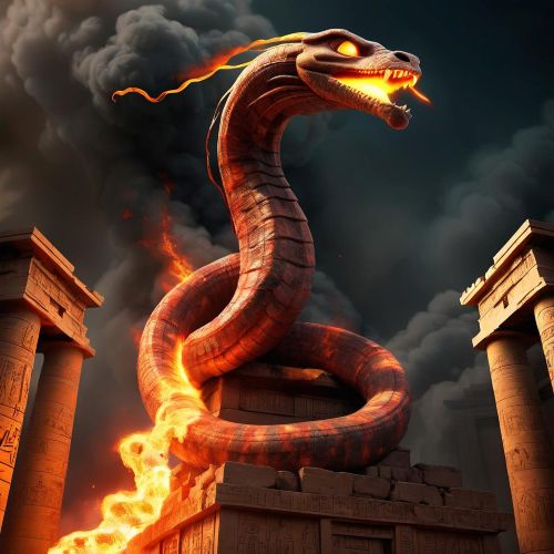 a dramatic image of Denwen, the fiery serpent god from Egyptian mythology