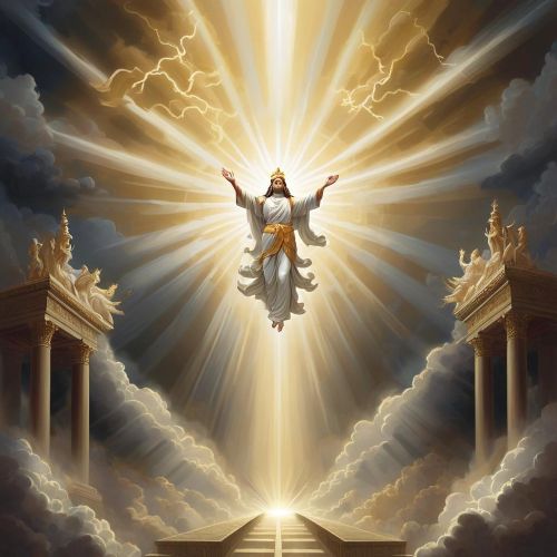 A majestic scene depicting divine intervention — a radiant deity descending from the heavens, surrounded by beams of celestial light.