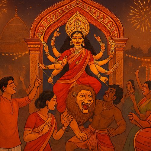 a vibrant depiction of Durga Puja celebrations in full swing.