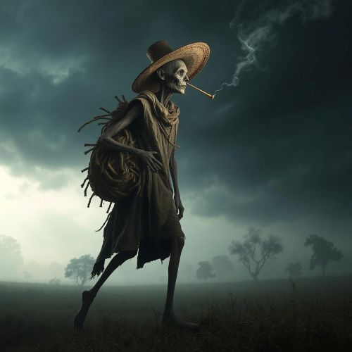 a haunting image of El Silbón, an extremely thin figure nearly six meters tall, wearing tattered clothes and a wide-brimmed hat