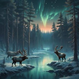 a serene, mystical landscape inspired by Evenki Mythology