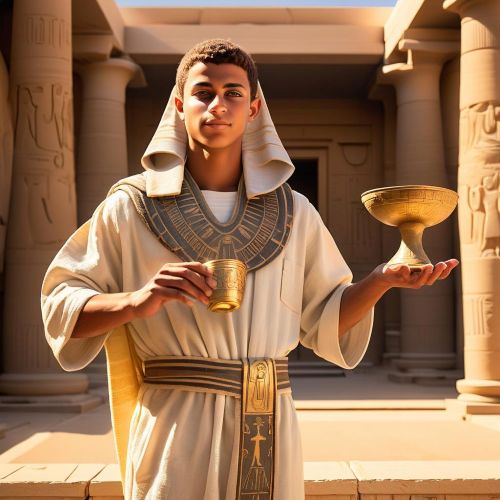 an image of Fetket, the Egyptian cupbearer of Ra, depicted as a youthful male deity in ceremonial linen robes