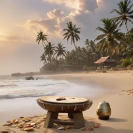 A tranquil coastal landscape at sunrise inspired by Ga-Adangbe mythology