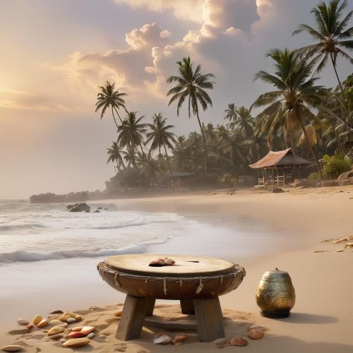 A tranquil coastal landscape at sunrise inspired by Ga-Adangbe mythology