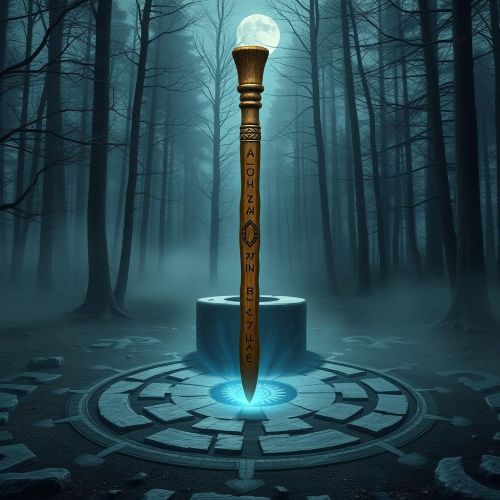 An ancient Norse magical wand known as Gambanteinn, carved from glowing ash wood, inscribed with runes of power