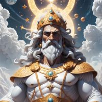 Ghmerti, the supreme deity of Georgian mythology, as a radiant celestial figure in a white sky realm