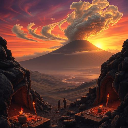 A majestic volcanic landscape inspired by Tenerife and Mount Teide at sunset, representing Guanche mythology.