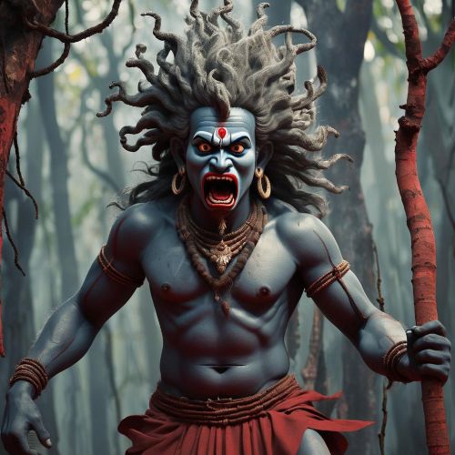 a dramatic image of Guliga Daiva, the fierce guardian spirit from Tulu Nadu