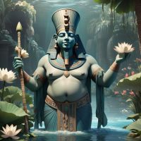a serene image of Hapi, the Egyptian god of the Nile, depicted as an androgynous figure with blue-green skin, large belly