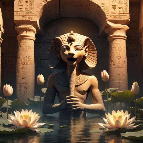 Harsomtus, the Egyptian child god, as a radiant serpent emerging from a blooming lotus flower atop primordial waters