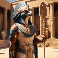 Mythlok - Hemen Hemen, a regal falcon-headed Egyptian deity standing in a sunlit temple courtyard