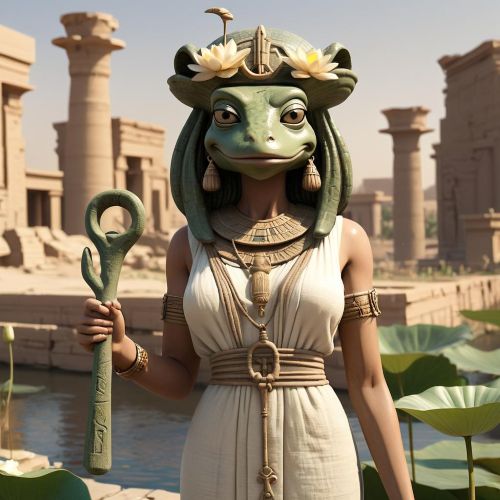 Heqet, the Egyptian goddess with a frog head, wearing a linen dress and holding an ankh