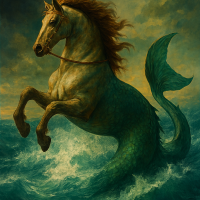 Mythlok - Hippocampus a majestic hippocampus emerging from ocean waves—its front half a muscular horse with a flowing mane, and its rear half a shimmering fish tail.