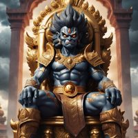 Mythlok - Hiranyakashipu image of the Indian Asura Kingg, Hiranyakashipu seated on a golden throne, wearing regal Asura armor