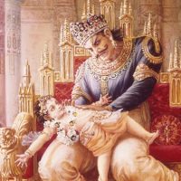 Mythlok - Hiranyakashipu with Prahalad painting showing Hiranyakashipu with baby Prahalad