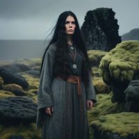 Mythlok - Huldufolk_ Huldufólk, a tall, ethereal Icelandic Huldufólk woman with long black hair and grey traditional clothing