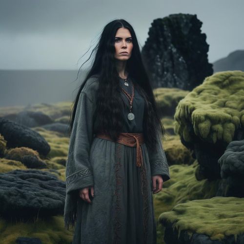 Huldufólk, a tall, ethereal Icelandic Huldufólk woman with long black hair and grey traditional clothing