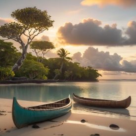 A serene Micronesian seascape at dawn representing Ifaluk mythology.