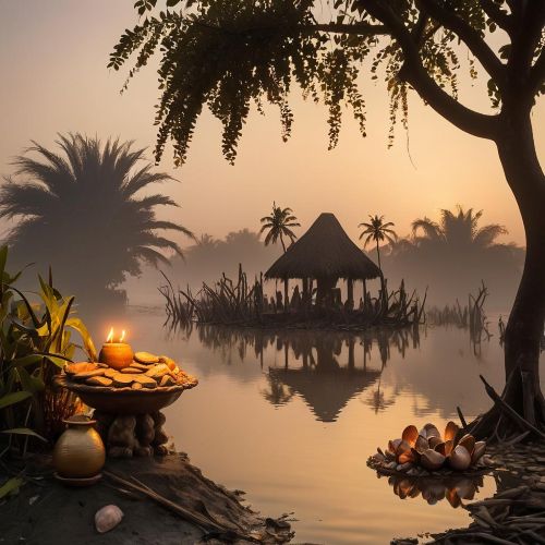 A mystical Niger Delta riverscape at dawn, representing Ijaw mythology.