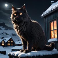 Mythlok - Jolakotturin Jólakötturinn, a towering, shadowy feline with glowing coal-like eyes prowling through a snowy Icelandic village on Christmas Eve