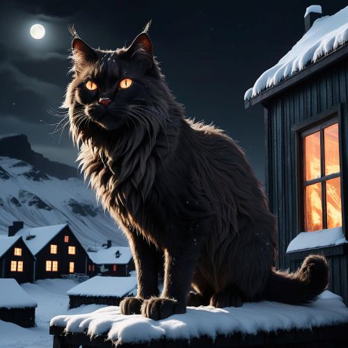 Jólakötturinn, a towering, shadowy feline with glowing coal-like eyes prowling through a snowy Icelandic village on Christmas Eve