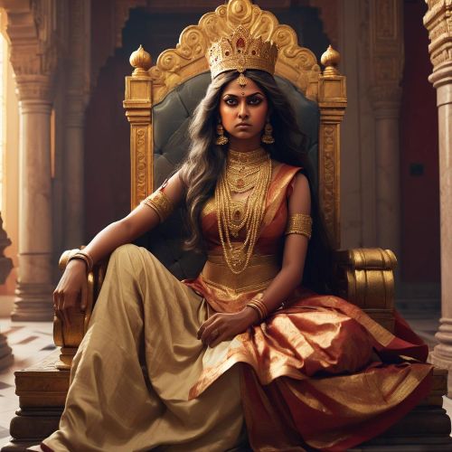 an image of Kaikeyi, the regal queen from Indian mythology, seated in a palace chamber wearing traditional royal attire