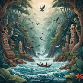 a tranquil, nature-inspired cultural artwork symbolizing Kalinago mythology