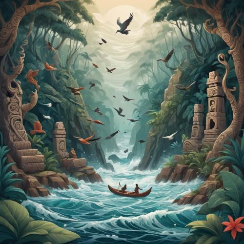 a tranquil, nature-inspired cultural artwork symbolizing Kalinago mythology