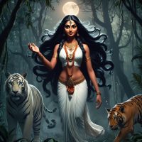 Mythlok - Karineeli an image of Karineeli, the yakshi goddess of Kerala, standing in the moonlit Kalladikode forest.