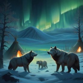 a mystical landscape inspired by Khakass Mythology — depicting the Siberian steppes under a sky illuminated by northern lights.