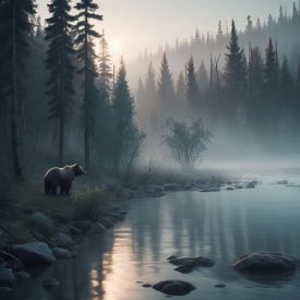 an ethereal coastal landscape inspired by Khanty Mythology