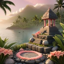 A tranquil Pacific island scene at sunrise symbolizing Kosraean mythology.