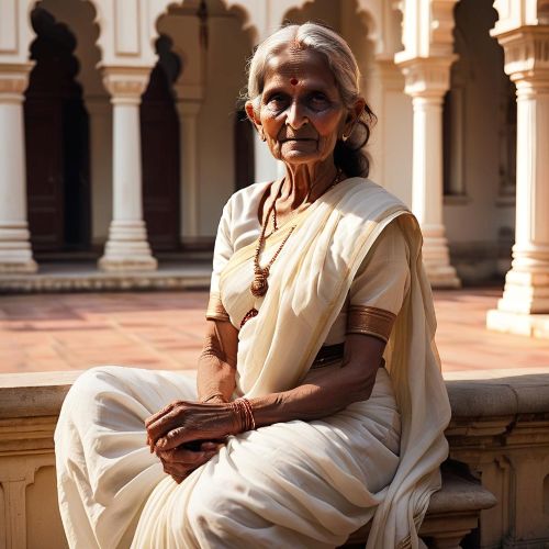 Kunti from Indian mythology seated in a palace courtyard