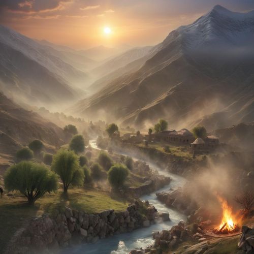 A mystical mountain landscape in ancient Kurdistan at sunrise, representing Kurdish mythology.
