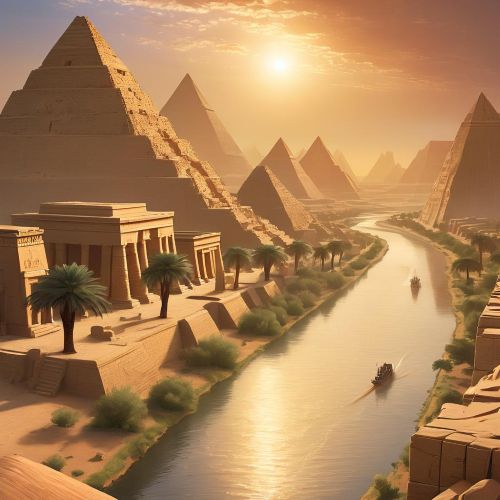 A majestic sunrise over the ancient Kingdom of Kush, with sandstone temples and pyramids inspired by Kushite mythology