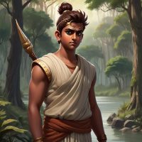 Mythlok - Lakshmana akshmana from Indian mythology—depicted as a youthful fair skinned warrior, standing in a forest setting during exile.