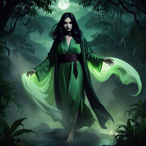 Langsuyar, a hauntingly beautiful Malaysian vampire spirit with ankle-length black hair, flowing green robes