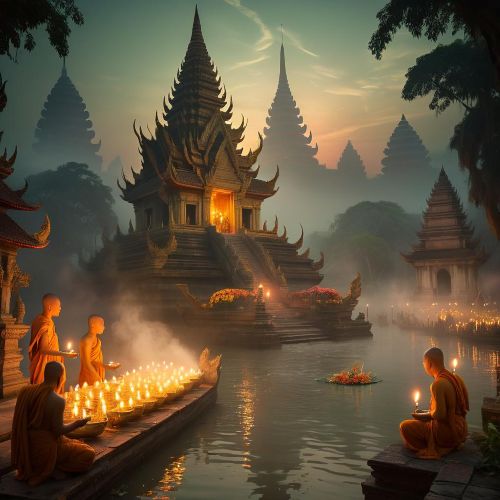A mystical depiction of Laotian Mythology showing a temple on the banks of the Mekong River at dusk.