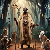 Mythlok - Leba an image of Leba, the Teke trickster deity, standing at a spiritual crossroads.