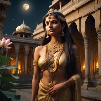 Mandodari, queen of Lanka, standing in a moonlit palace courtyard, adorned in golden silk and celestial jewelry